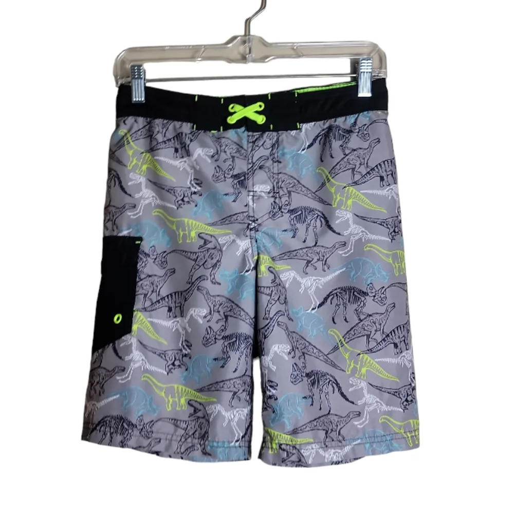 Cat & Jack boys dinosaur swim trunks gray green blue board shorts L 12-14